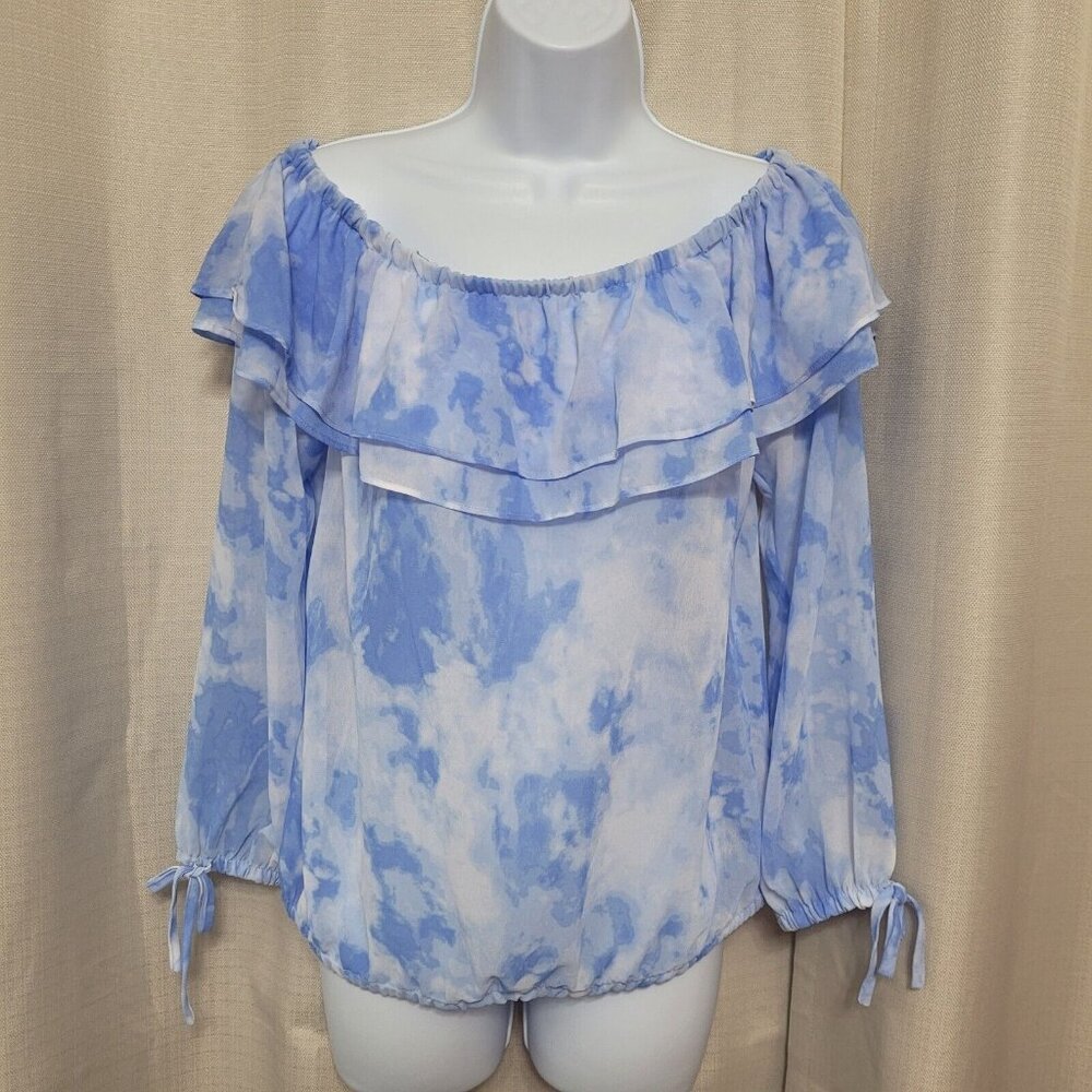 Michael Kors Off Shoulder Ruffle Peasant Top Women's Size XS Crew Blue NWT
